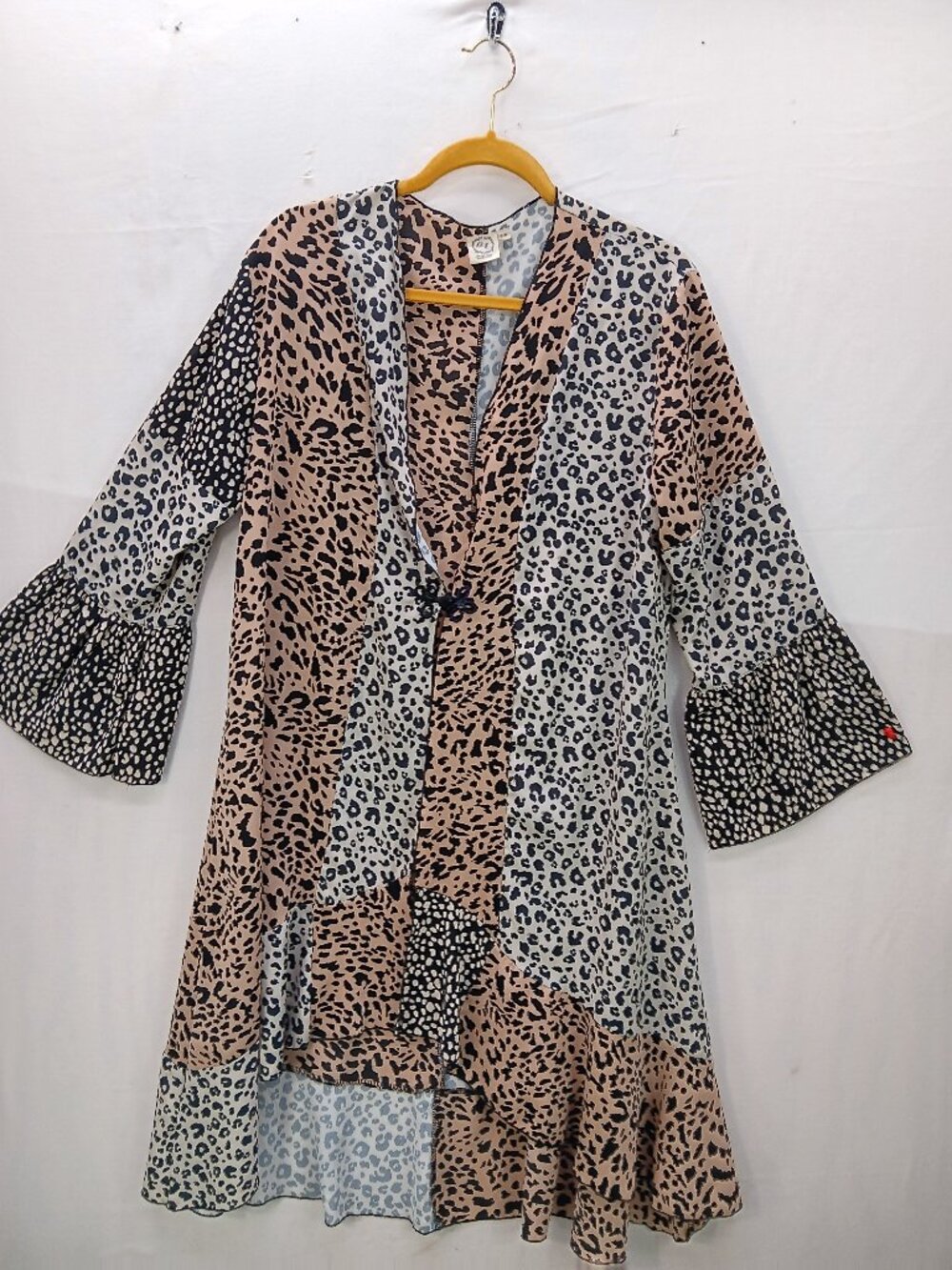 Women's Leopard Print Patchwork Boho Dress Bell Sleeve Ruffle Hem Boho Hippy